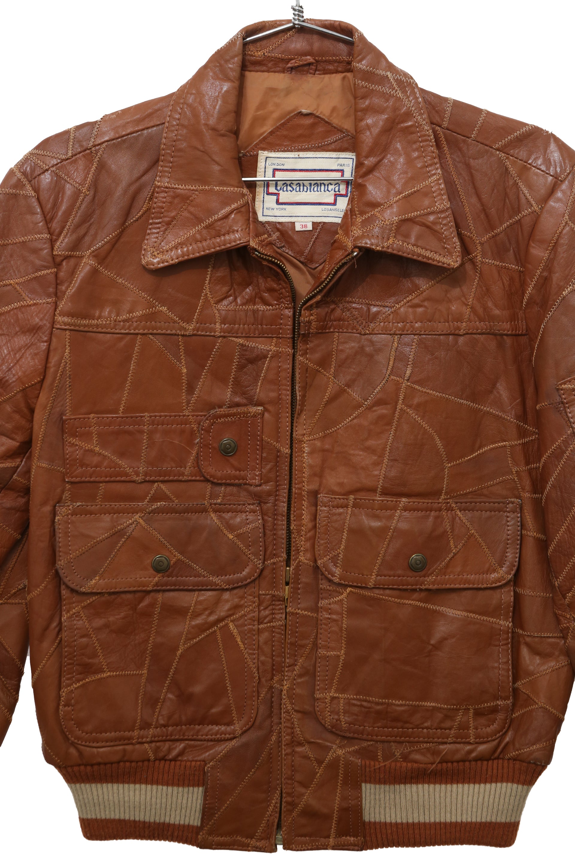 Vintage Brown Patchwork Leather Bomber Jacket