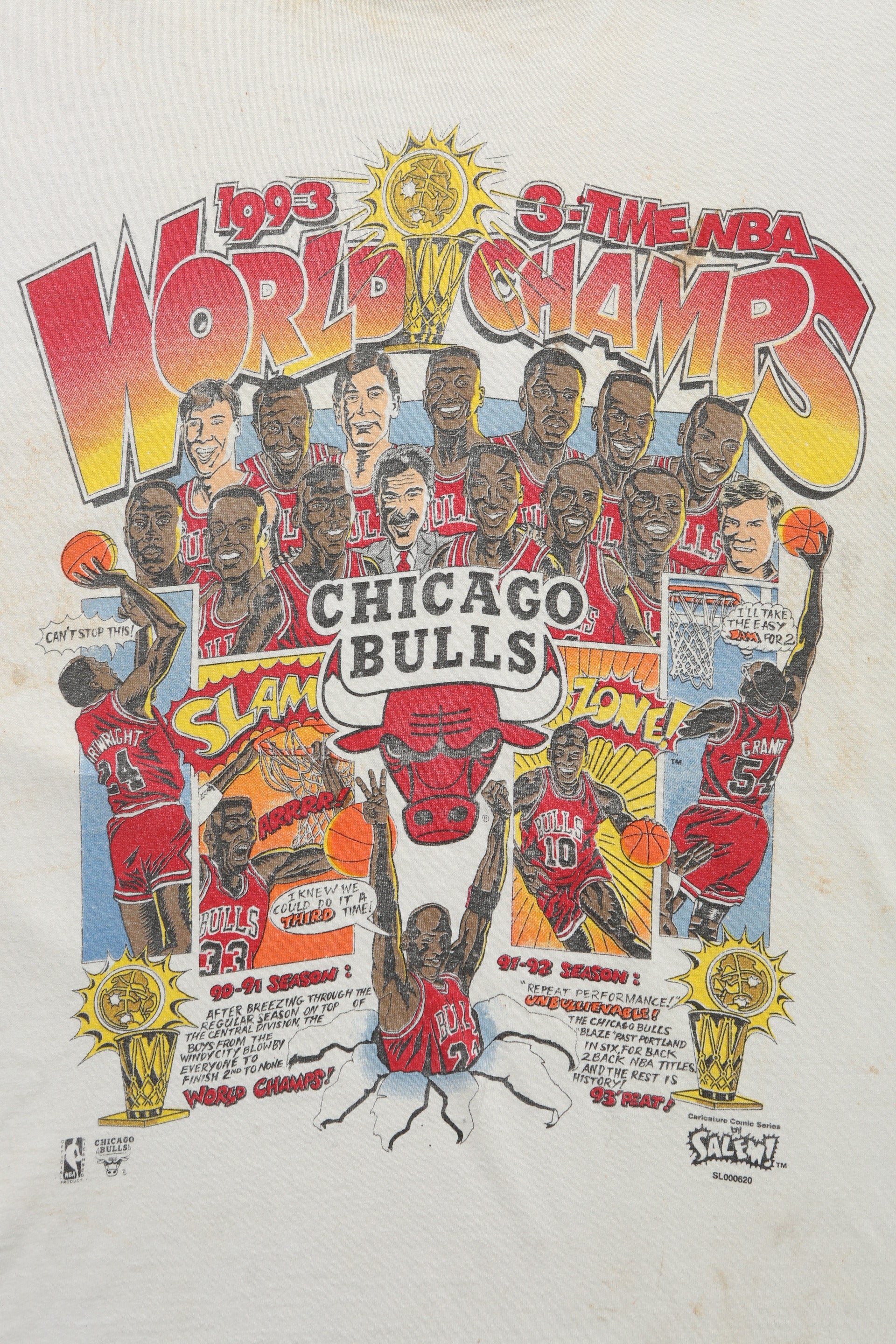 1993 Chicago Bulls "Three-Peat" Championship Caricature T-Shirt