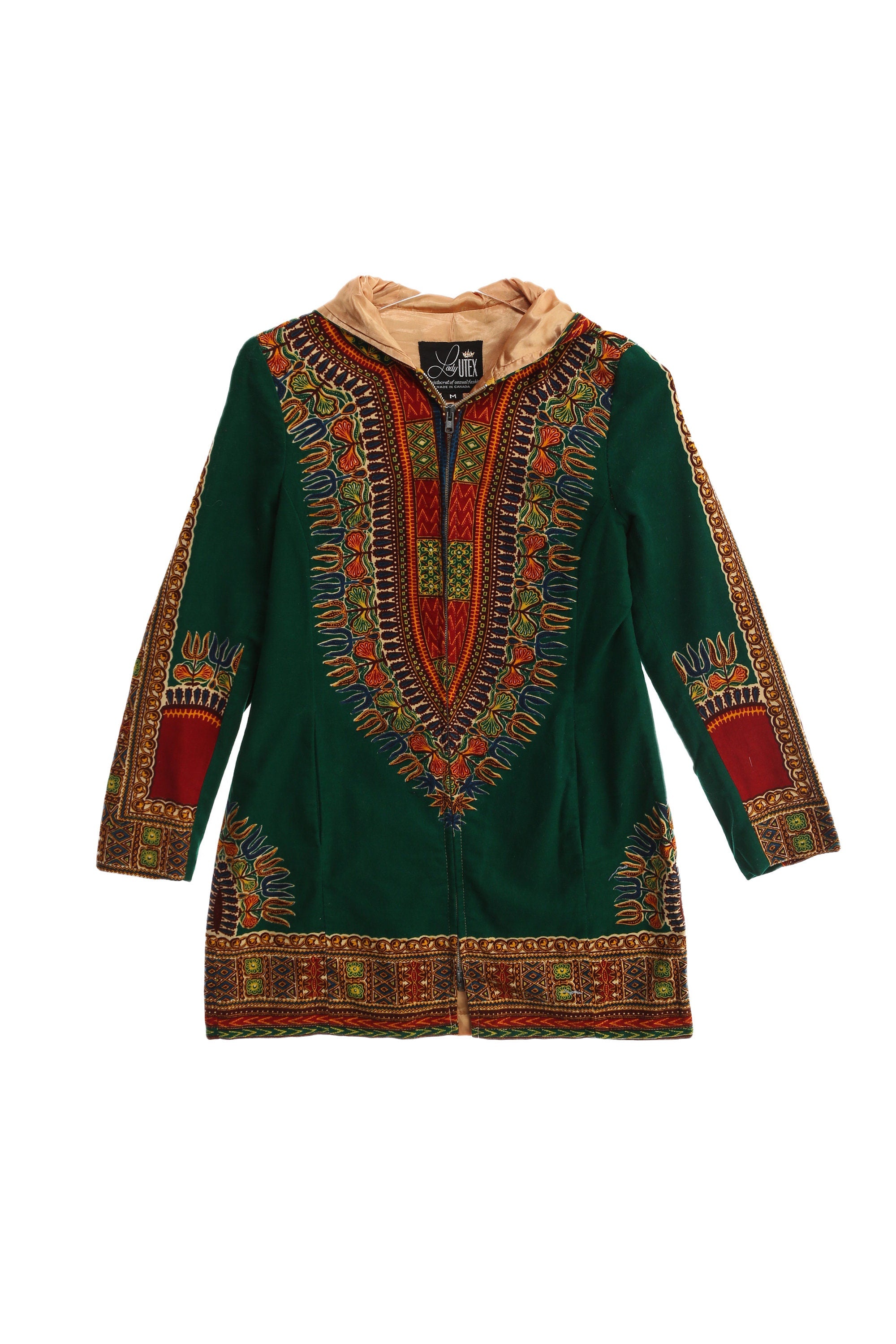 Vintage Women's Green Dashiki Hooded Jacket