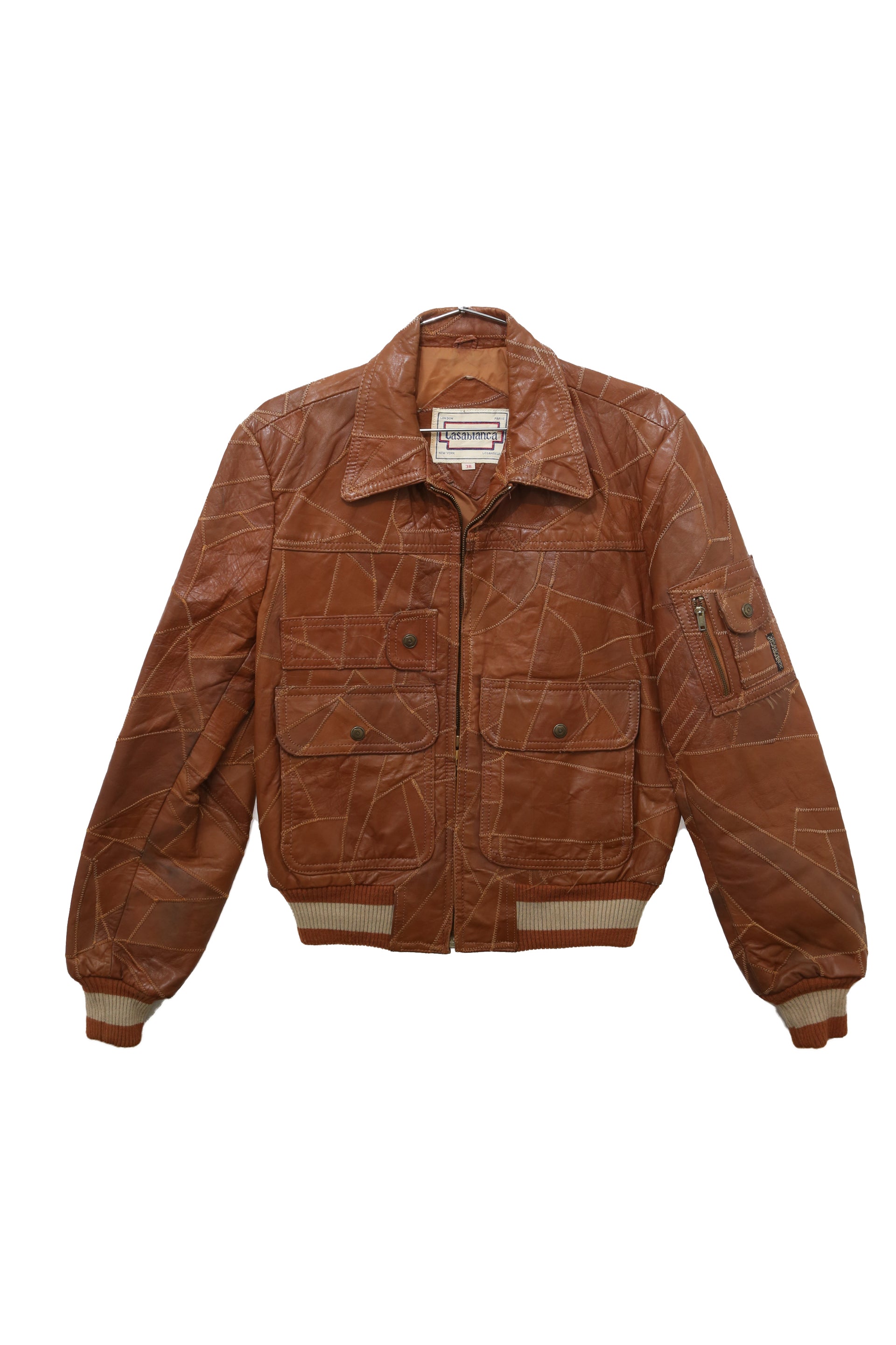 Vintage Brown Patchwork Leather Bomber Jacket