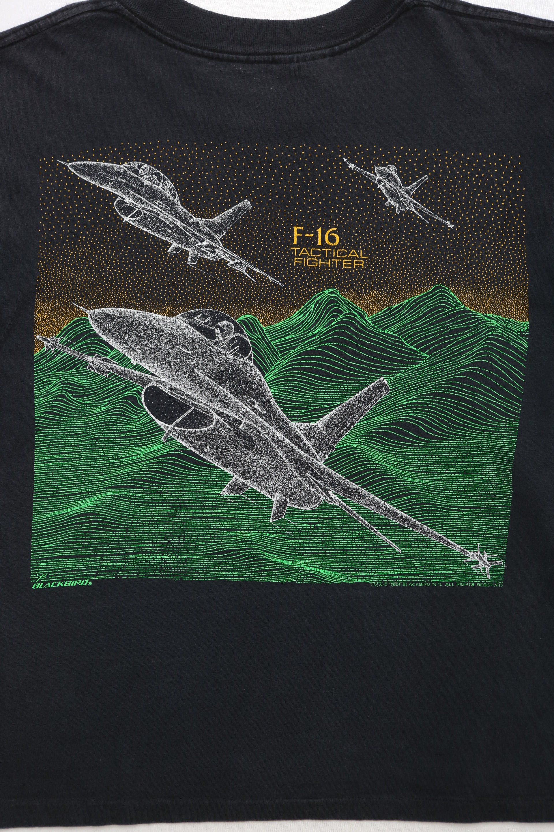 1987–1988 vintage F-16 Falcon "Blackbird International" military t-shirt