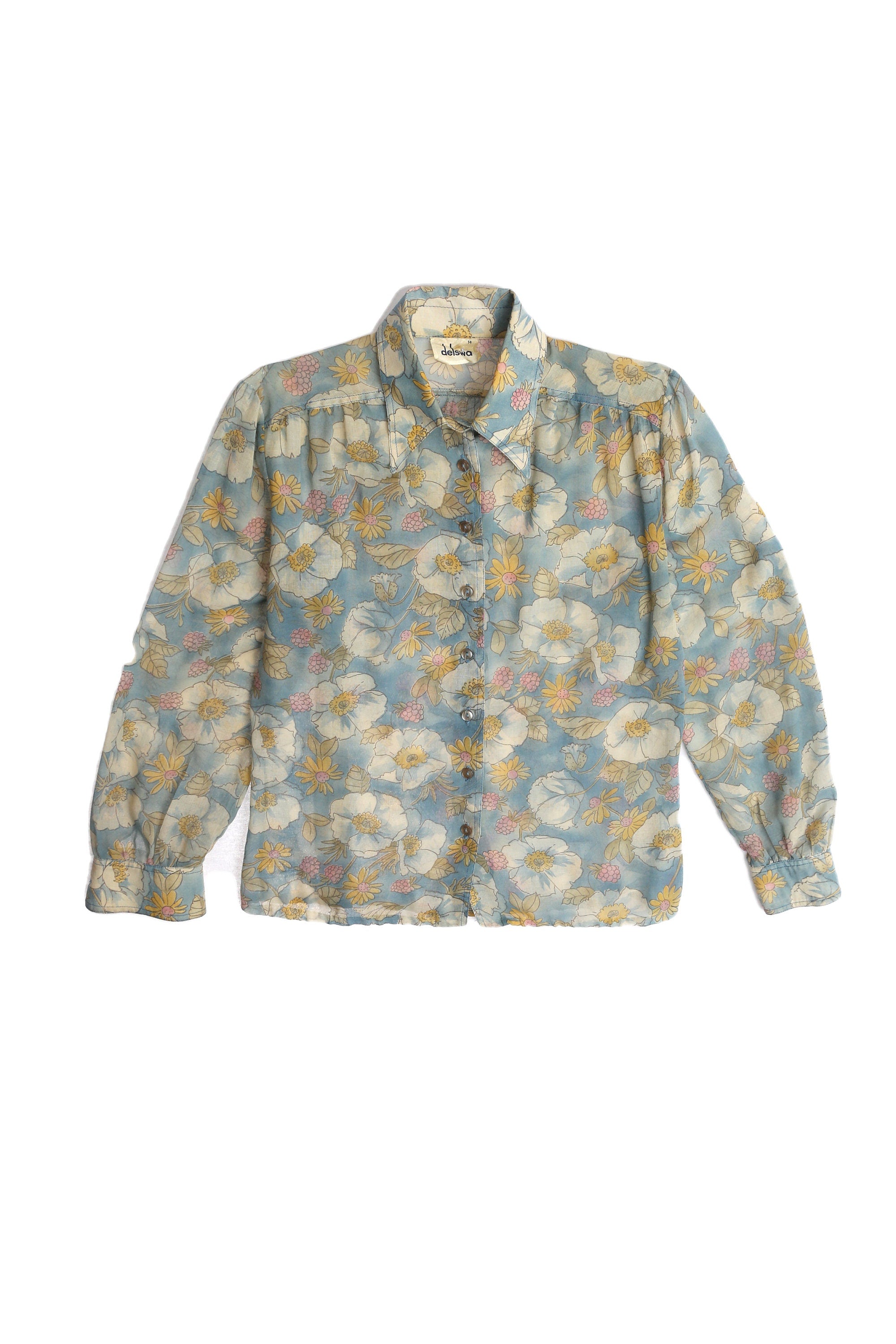 1970's Women Floral Print Blue Summer Blouse